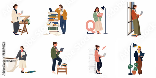 Collection of Creative Women Professionals, Copywriters, and Students Working on Laptops in Various Settings with Books and Office Elements