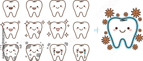 Cute Tooth Character Expressions Set with Healthy and Decay Stages Illustration for Dental Care, Oral Hygiene Education, Kids Dentistry, and Medical Design