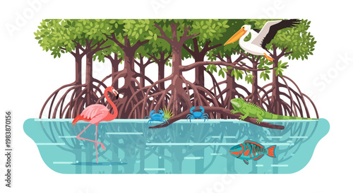 Tropical Mangrove Ecosystem with Diverse Wildlife Illustration
