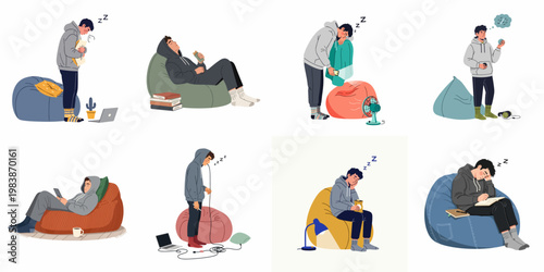 Collection of flat vector illustrations depicting tired and sleepy young men in hoodies resting on bean bags and working at home.