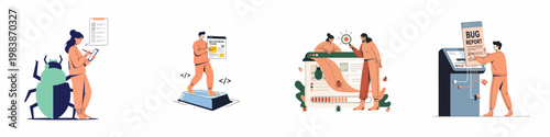 Set of flat vector illustrations showing software quality assurance, bug tracking, manual testing, and bug reporting concepts in software development.