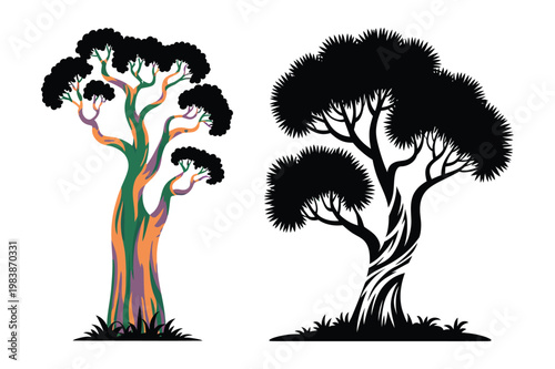Two colorful and silhouette trees with unique twisted trunks and dense foliage