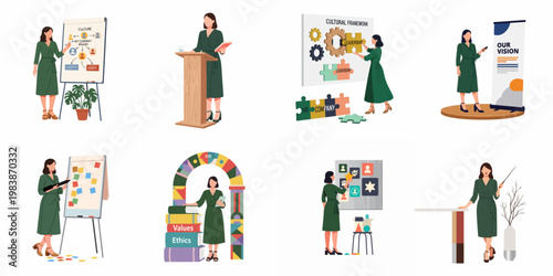 Set of corporate business woman illustrations showing leadership, HR management, company culture, ethics, and strategic planning in a professional office environment.