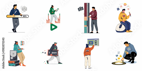 Set of diverse flat vector illustrations showing creative professionals working on video game development, sound design, art, and digital content production.
