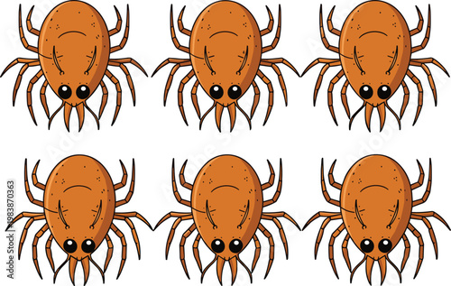 Tick Parasite Insect Collection with Multiple Crawling Positions Cartoon Illustration Set for Pest Control, Medical Awareness, and Disease Prevention Design