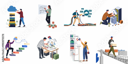 Set of flat vector illustrations depicting cloud computing, data migration, server infrastructure management, and digital transformation concepts for IT businesses.