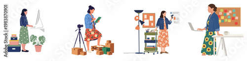Vector illustration set of a female entrepreneur managing various aspects of her online business, including inventory, photography, and office tasks.