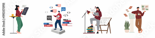 Set of flat illustrations featuring diverse professionals working remotely on coding, architecture, and design projects in a modern home office environment.