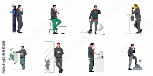 Set of eight illustrations featuring a male IT professional or software developer taking coffee breaks in various tech-related environments.