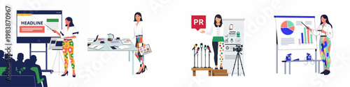 Set of professional illustrations depicting a woman giving presentations, managing PR events, working in an office, and analyzing business data charts.