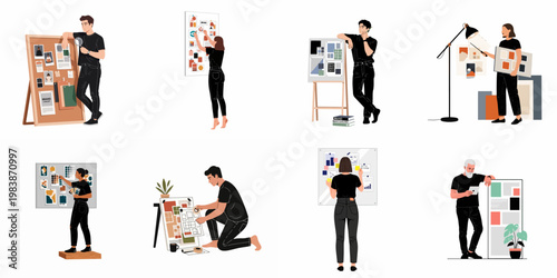Collection of creative professionals working on brand identity, mood boards, and visual design concepts in a modern flat illustration style.