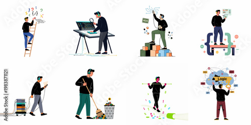 Set of flat vector illustrations of a male programmer working on various software development, coding, debugging, and IT infrastructure management tasks.