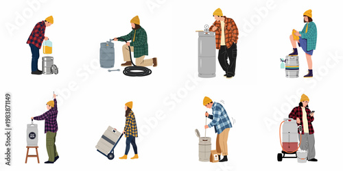 Collection of flat illustrations depicting people working in a craft brewery or cold brew production facility, handling metal kegs and equipment.