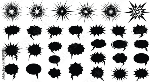 A collection of diverse black vector starbursts and speech bubbles arranged on a plain white background creating a dynamic visual high quality professional