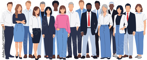 A diverse group of professionals stands in a row showcasing workplace inclusivity and modern business attire in a flat vector style high quality
