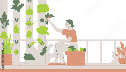 Young woman tending to a vertical garden with fresh produce and leafy greens growing on a balcony