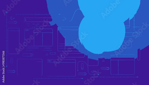 Abstract digital blueprint design on a vibrant purple background with energetic blue overlays, suggesting modern architectural planning and technological innovation