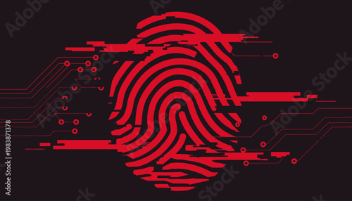 Cyber security concept Abstract digital fingerprint with glitch effect and circuit board elements on a dark background, symbolizing data protection and identification