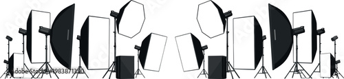 Illustrations of Photography Studio Lighting Setup with Softboxes, Reflectors, and Stands for Professional Photography Design Projects