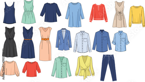 A collection of fashion illustrations displays various garments including dresses shirts blazers and pants in a flat lay arrangement high quality professional detailed