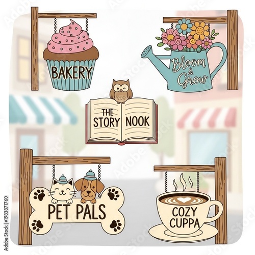Charming Storefront Sign Collection: Adorable hand-drawn signs, perfect for various establishments.