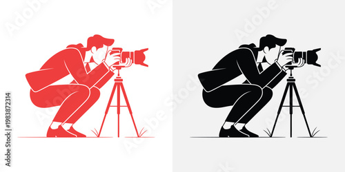 Red and black of a woman in a dress with a camera and tripod red dress black camera woman photographer