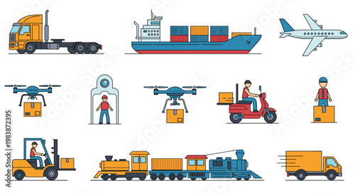 Comprehensive logistics icon set features cargo ship airplane truck forklift and delivery drones for international trade.