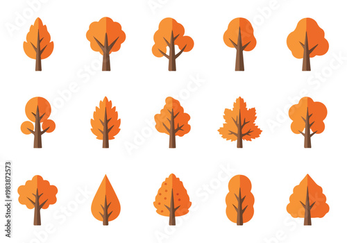 Collection of various stylized autumn trees with orange and yellow foliage, presented in a flat design style
