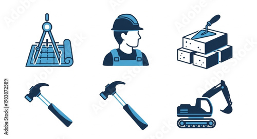 Construction Icons Set Tools Equipment Worker Buildings.