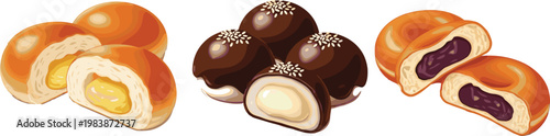 Sweet Filled Bread and Bun Illustration Set with Custard Chocolate and Red Bean Pastries for Bakery Menu Food Design Collection