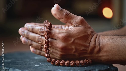 Person's hands clasped in prayer holding a mala prayer beads, spiritual meditation, focus on devotion and inner peace