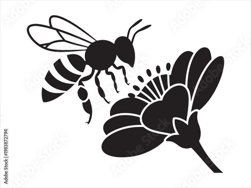 Bee Flying Near Flower Silhouette Pollination Nature Vector Illustration