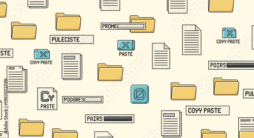 Colorful computer file icons with copy paste symbols on cream background representing digital document management and editing actions