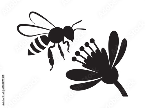 Bee Flying Near Flower Silhouette Pollination Nature Vector Illustration