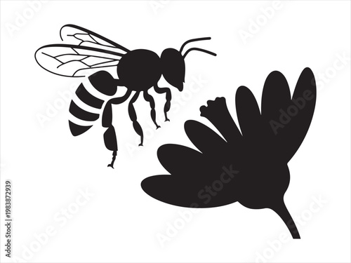 Bee Flying Near Flower Silhouette Pollination Nature Vector Illustration