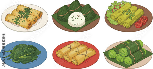 Traditional Asian Vegetable and Leaf Wrapped Food Illustration Set with Bamboo Leaves Rolls Greens and Healthy Cuisine Dishes for Menu Design