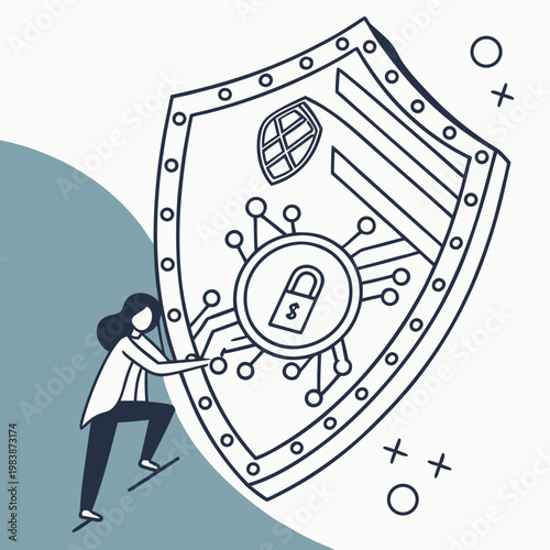 Woman protecting a shield with a lock from viruses