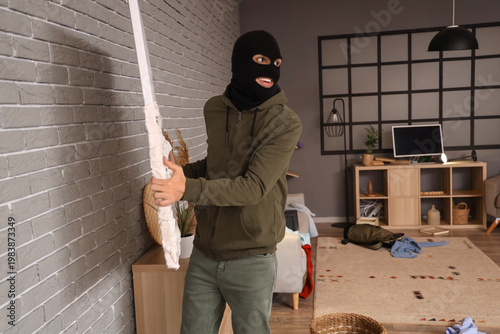 Valokuva Male thief stealing painting in room at night