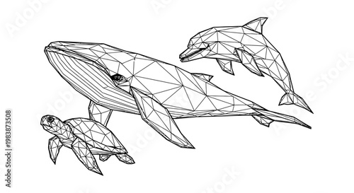 low poly whale dolphin and turtle swimming in geometric style