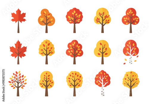 Collection of stylized autumn trees with falling leaves in warm colors, perfect for seasonal designs and fall-themed illustrations