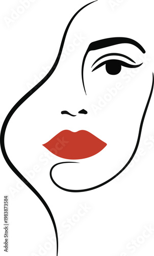 Generated on portrait of a woman. Beautiful woman's abstract face. black lines of contours, red lips vector art on white background
