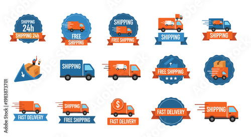 Large set of shipping and delivery badges featuring truck icons and text for free shipping, fast delivery, and 24-hour service.