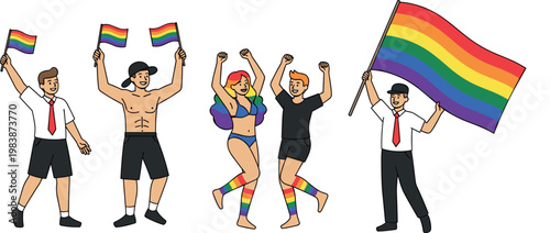 LGBTQ+ Pride Celebration with Diverse People Holding Rainbow Flags and Dancing for Equality and Love