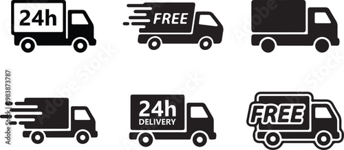delivery truck icons set fast free and 24h shipping logistics symbols vector illustration