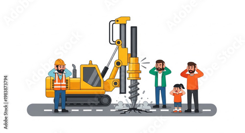 Construction drilling machine causing noise pollution with people covering ears.