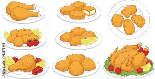 Fried Chicken and Roasted Chicken Illustration Set with Different Pieces Nuggets Wings and Whole Chicken for Restaurant Menu Food Design Collection