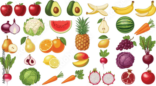 Colorful fresh fruits and vegetables vector set isolated on white background healthy organic food collection flat illustration pack