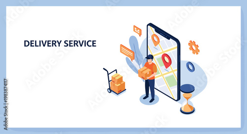 Isometric illustration of a delivery service with a courier holding a package near a smartphone displaying a map and location pins.