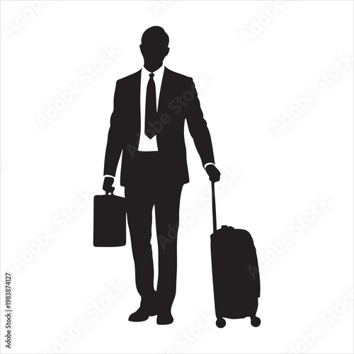 Businessman Traveling with Suitcase and Briefcase Silhouette Vector Illustration