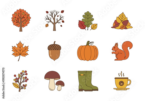 Collection of Autumnal Icons Leaves, Pumpkins, Squirrels, Acorns, and More Representing the Fall Season
